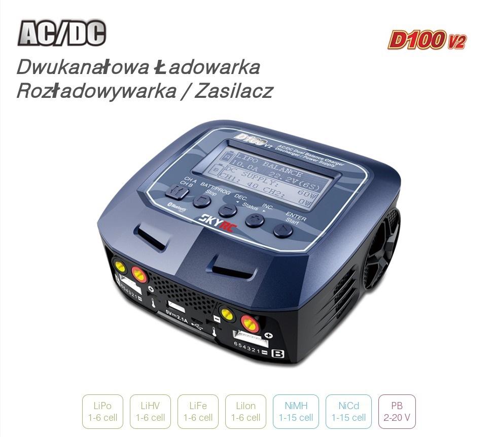 SkyRC D100 v2 Dwukanałowa Ładowarka 2x100W / 2x10A | synapse.com.pl